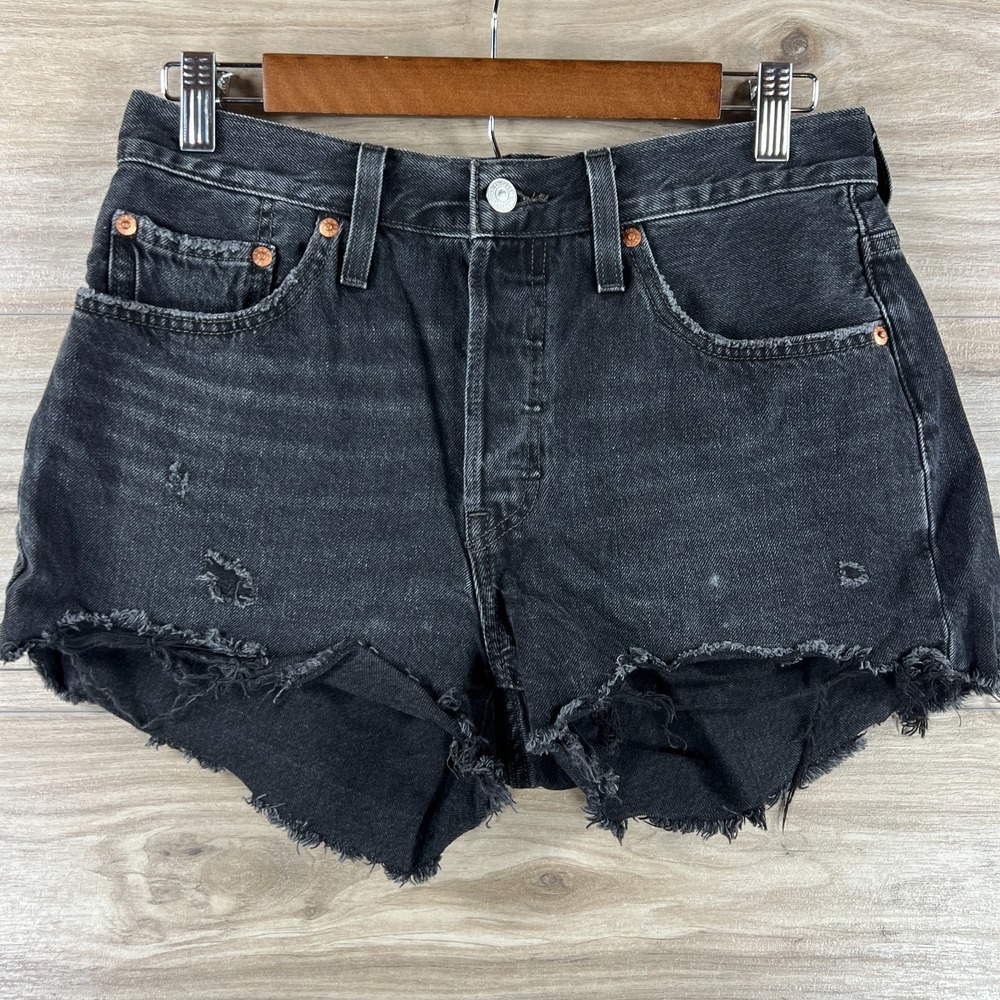 Levis Premium 501 Womens W28 Black Distressed Denim Cut Off Shorts 56327-0123